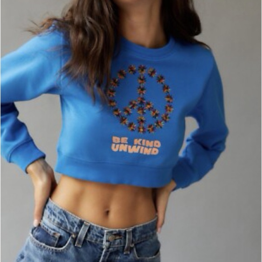 Urban Outfitters Blue Peace Sign Crop Top be kind unwind - Picture 2 of 7